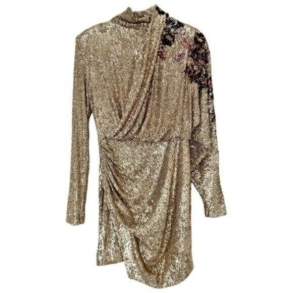 Redemption Runway Gold Sequin Draped Floral Turtleneck Mini Dress Size L - Picture 3 of 16